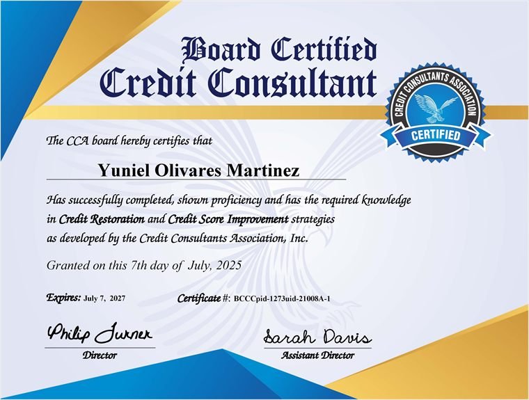 Board Certified Credit Consultant &mdash; Yuniel Olivares Martínez